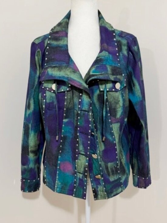 berek Jackets & Blazers - Berek Wearable Art Abstract Watercolor Embellished Jacket Silver Studs XL